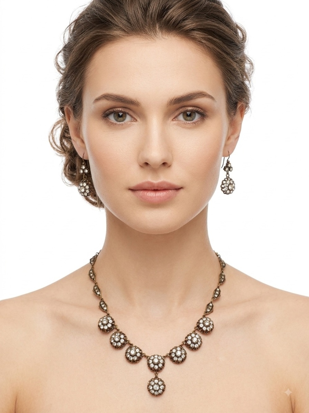 Vintage Rhinestone Cluster Necklace and Earrings Set